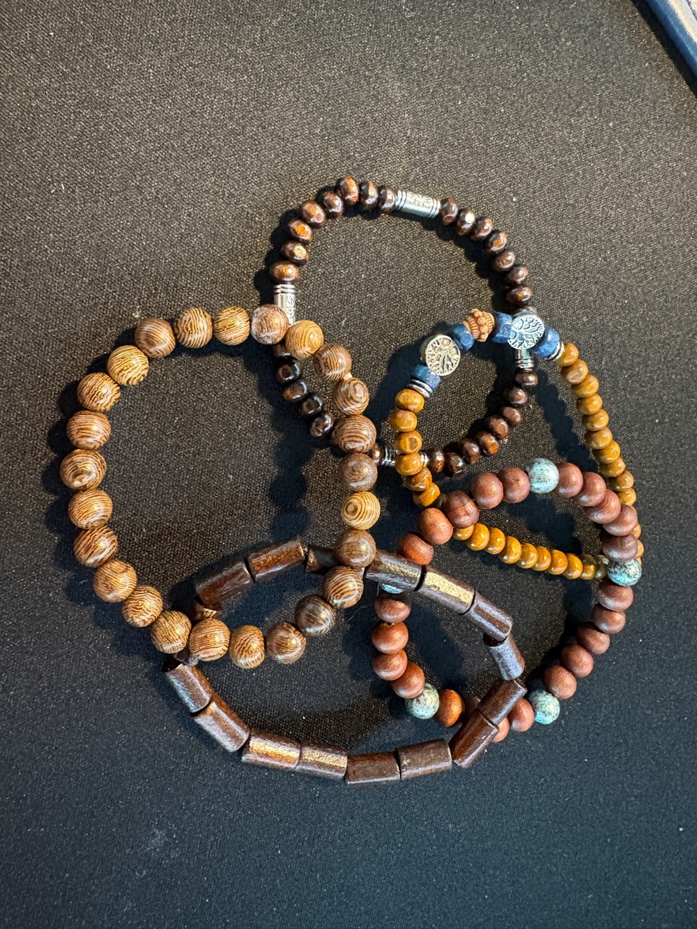 Stack of Natural Wooden Bead Bracelets - Brown & Tan